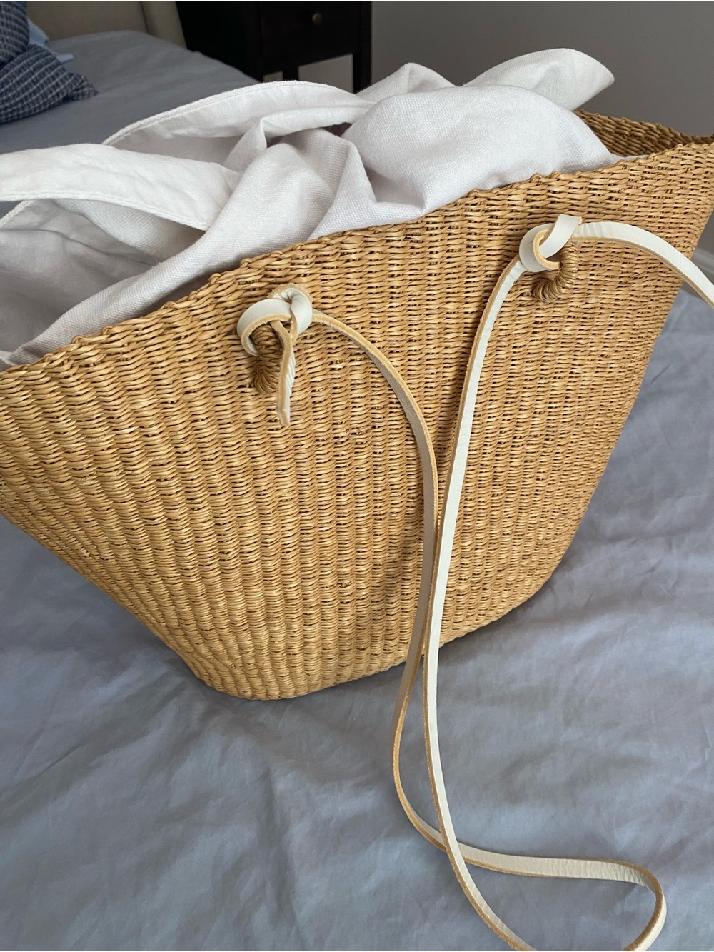 Woven Straw Bag with White Leather adjustable Straps